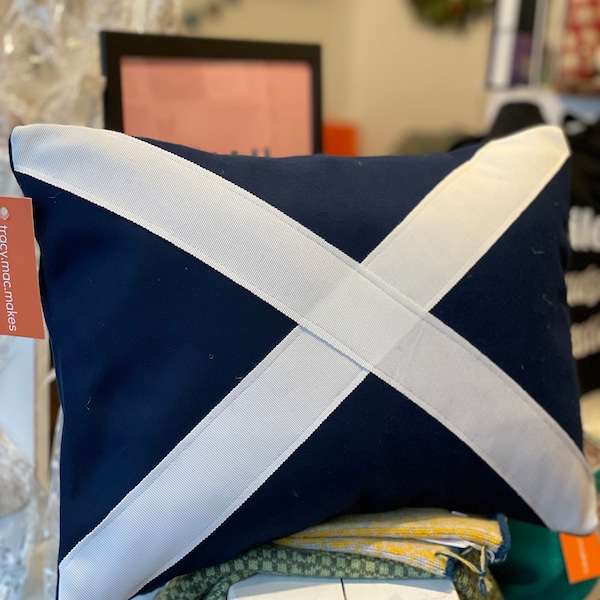 Scottish saltire cushion, made with Abraham Moon wool