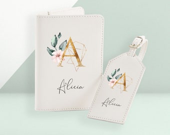 Personalised Gold Monogram Passport Wallet and Luggage Tag Set - Wedding Gift, Travel Accessories, Bag Tag, Floral - Great gift Idea!