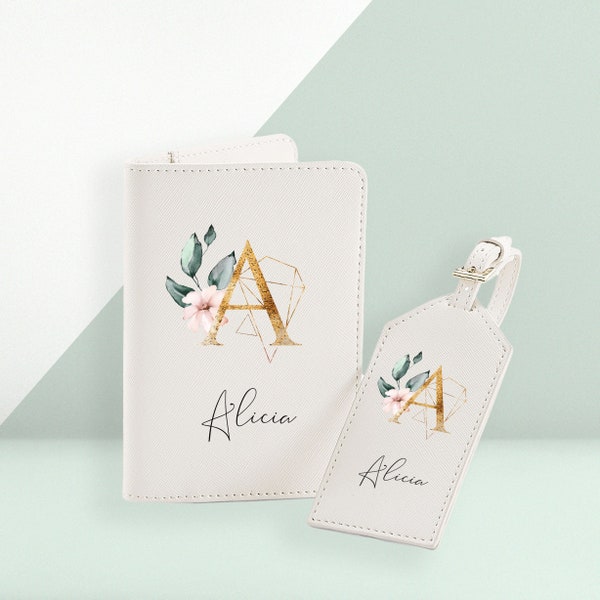 Personalised Gold Monogram Passport Wallet and Luggage Tag Set - Wedding Gift, Travel Accessories, Bag Tag, Floral - Great gift Idea!