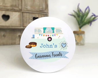 Personalised Printed White or Silver Tin - Blue or Pink Caravan Treats - Cookie Jar/Biscuit Tin - Great Gift Idea!