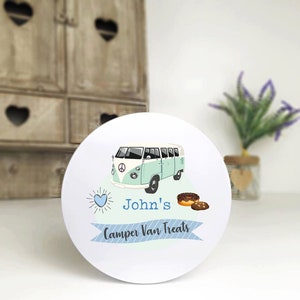Personalised Printed White or Silver Tin - Blue or Pink Camper Van Design - Cookie Tin -Biscuit Tin