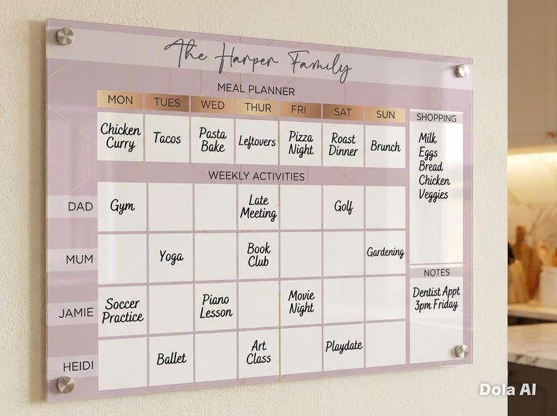 May include: A rectangular acrylic wall-mounted meal planner and activity calendar with a mauve and white geometric background. It features sections for The Harper Family, a weekly meal plan, daily activities for four people, a shopping list, and notes.
