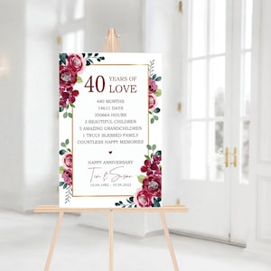 May include: A 40th anniversary sign with a gold frame and floral decorations. The sign reads "40 Years of Love" and lists the number of months, days, and hours in 40 years. It also mentions the number of children and grandchildren, and says "Countless Happy Memories". The sign is signed "Tim & Susan" and includes the dates 10.04.1982 - 10.04.2022.