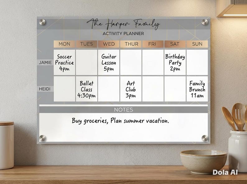 May include: A rectangular acrylic wall-mounted activity planner with silver hardware. The board features a gray and white grid labeled The Harper Family, with columns for days of the week and rows for names, plus a section for notes at the bottom.
