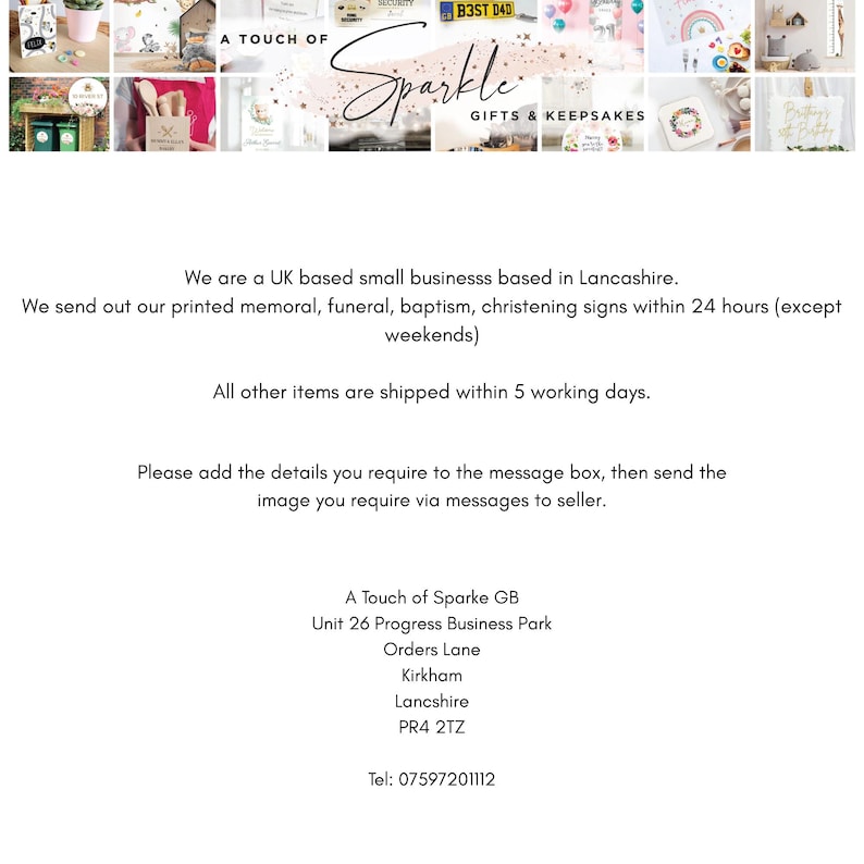 May include: A collage of gift items with the text "A Touch of Sparkle GIFTS & KEEPSAKES". The image includes various products, such as signs, mugs, and decorative items, showcasing a range of personalized gifts.
