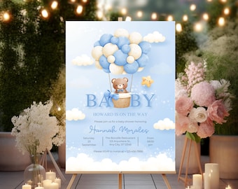 Personalised Baby Shower Welcome Sign, Teddy Bear Hot Air Balloon Poster