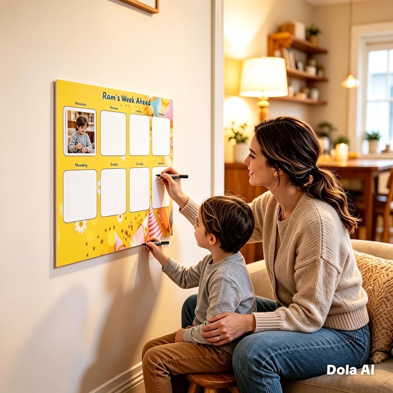 May include: A yellow weekly planner with the text "Ram's Week Ahead" and a photo of a child. The planner has seven blank boxes for each day of the week. A woman and child are writing on the planner with black markers.