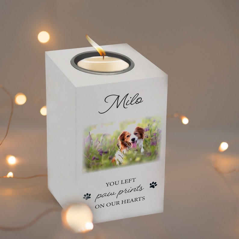 Personalised Pet Memorial Tea Light Candle Holder Remembrance Candle for dogs, cats & pets Pawprints on heart