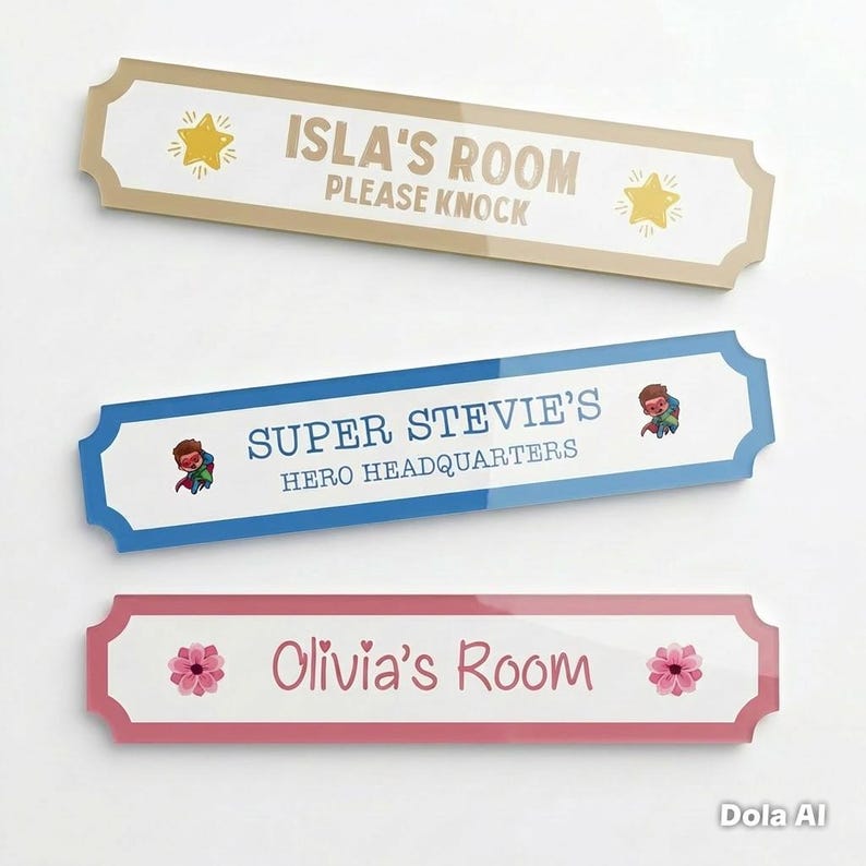Puede incluir: Tres letreros rectangulares para habitaciones con bordes decorativos. El letrero superior es beige con el texto "ISLA'S ROOM PLEASE KNOCK" y gr&aacute;ficos de estrellas. El letrero del medio es azul con "SUPER STEVIE'S HERO HEADQUARTERS". El letrero inferior es rosa con "Olivia's Room".
