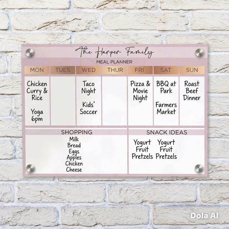 May include: A rectangular acrylic meal planner board with a pale pink background and rose gold accents. It features the text The Harper Family Meal Planner, days of the week, and sections for shopping and snack ideas with handwritten black text.