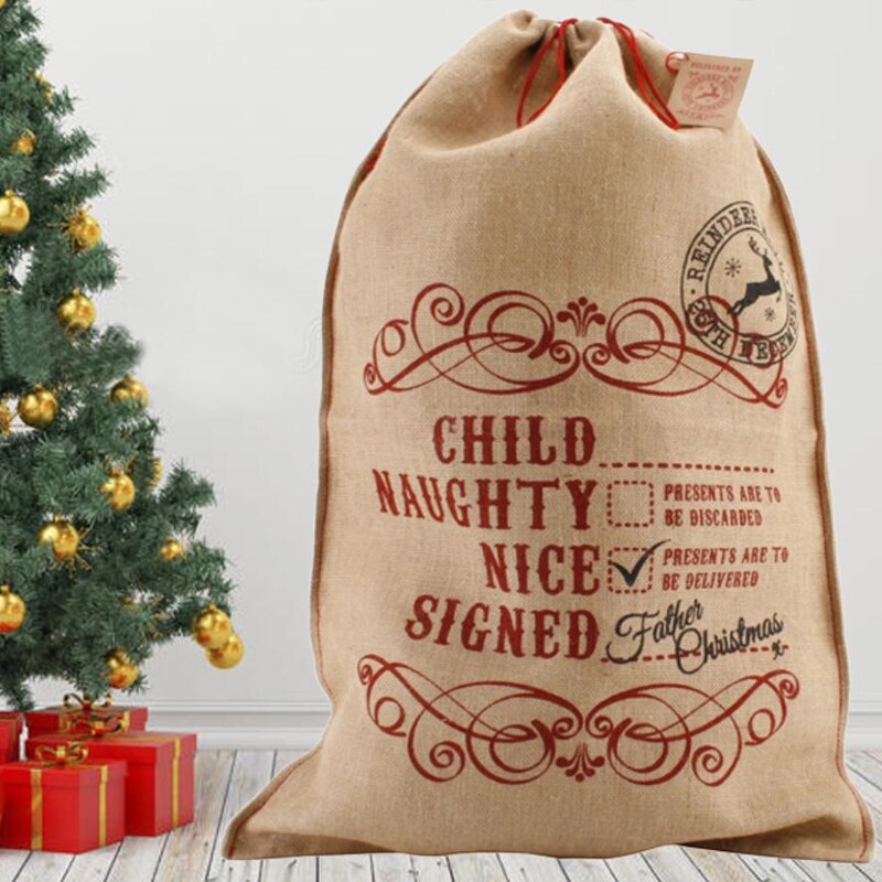 50x70cm Canvas Hessian Christmas Santa Sack Xmas Stocking Reindeer Kids Gift Bag, Cream - Tree In Truck - Christmas Online