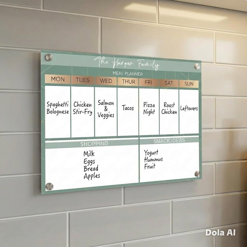 May include: A rectangular acrylic meal planner board with a sage green background and white grid lines. It features the text The Harper Family, Meal Planner, Shopping, and Snack Ideas. The board is mounted with four silver circular standoffs.