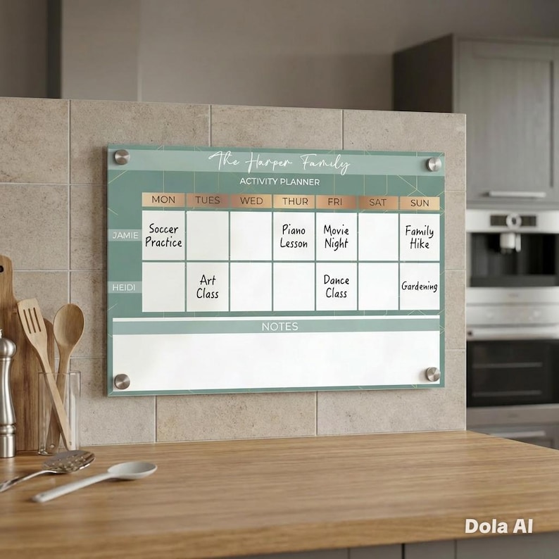 May include: A rectangular acrylic wall-mounted activity planner with a sage green background and copper-colored headers. The grid displays days of the week, rows for Jamie and Heidi, and a notes section. Text includes The Harper Family Activity Planner.