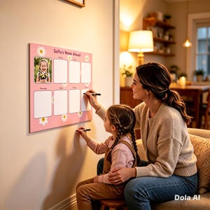 May include: A pink weekly planner with daisy accents and the text "Sofia's Week Ahead" is mounted on a wall. A photo is in the upper left corner. A woman and a child are writing on the planner with black markers.