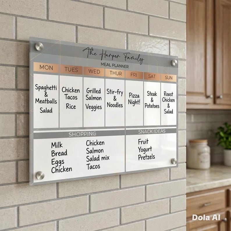 May include: A rectangular acrylic meal planner board with silver mounting hardware. The board features a weekly schedule from Monday to Sunday, a shopping list section, and a snack ideas section, all printed with black text on a white background.