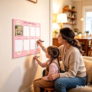 May include: A pink weekly planner with the text "Sofia's Week Ahead" and daisy accents. The planner has spaces for each day of the week and a photo. A woman and a child are writing on the planner with black markers.