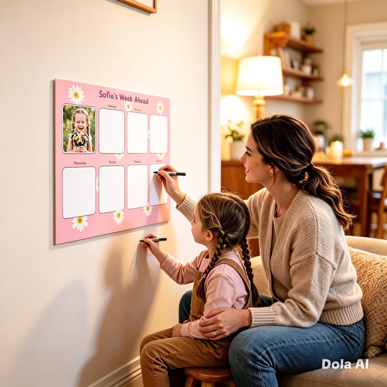 May include: A pink weekly planner with the text "Sofia's Week Ahead" and daisy accents. The planner has spaces for each day of the week and a photo. A woman and a child are writing on the planner with black markers.