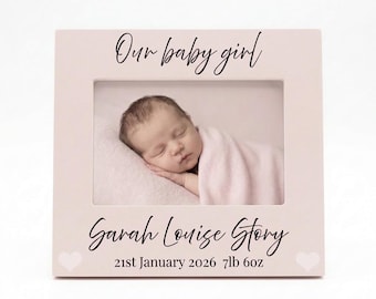Personalized New Baby Photo Frame Pink, Blue, White - any wording
