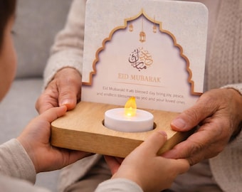 Eid Mubarak Wooden Candle Holder with Printed Acrylic – UK Made Gift