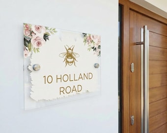 Floral Bee Acrylic House Number Sign: Cottage Garden Decor Bee Design