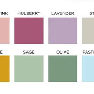 May include: A color palette chart featuring twelve square swatches arranged in two rows. The colors are labeled Blush, Dusky Pink, Mulberry, Lavender, Stone, Grey, Butter, Ochre, Sage, Olive, Pastel Blue, and Dusty Blue in black sans-serif text.
