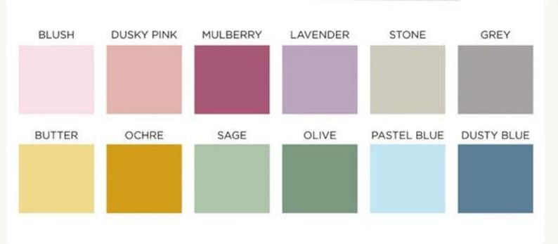 May include: A color palette chart featuring twelve square swatches arranged in two rows. The colors are labeled Blush, Dusky Pink, Mulberry, Lavender, Stone, Grey, Butter, Ochre, Sage, Olive, Pastel Blue, and Dusty Blue in black sans-serif text.