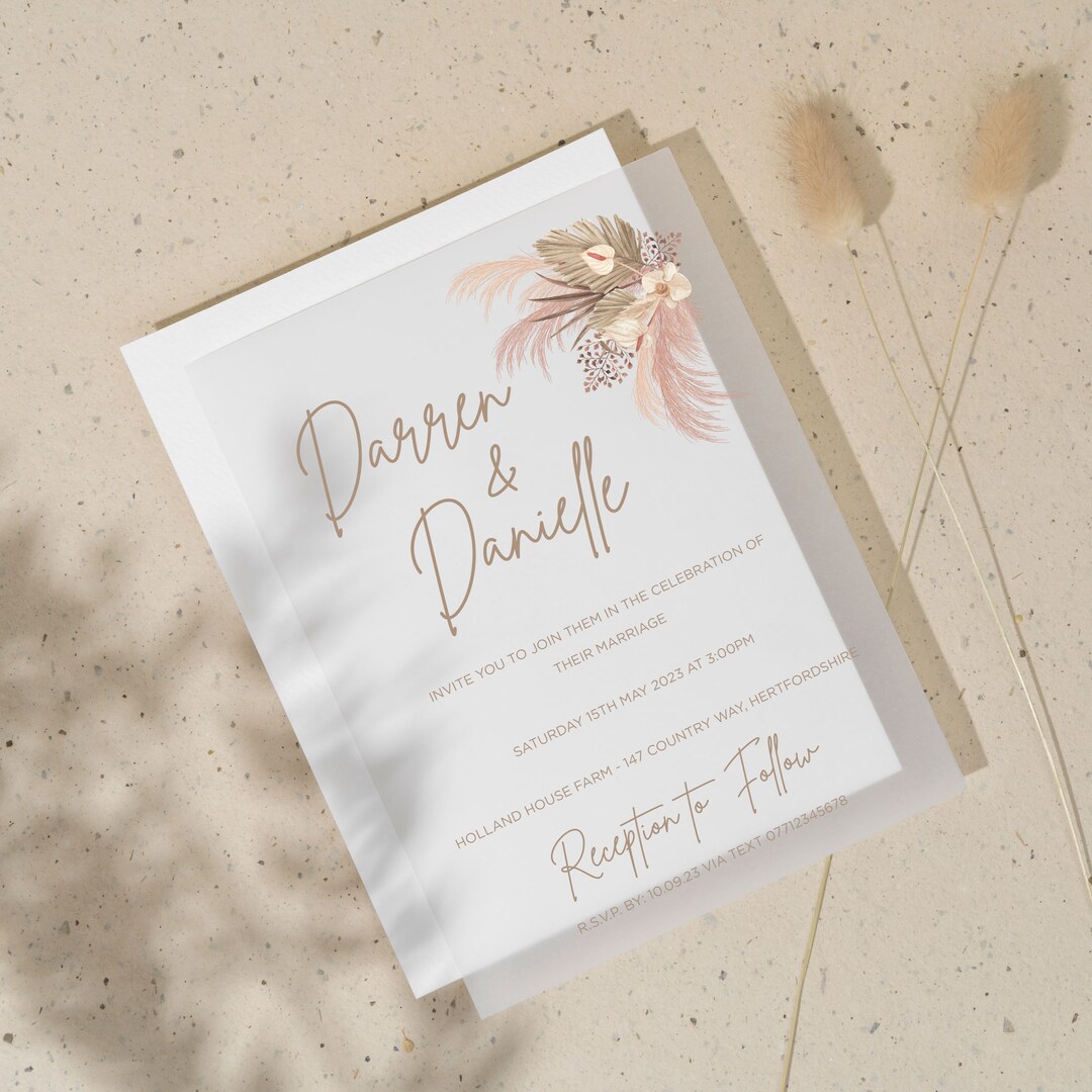 Personalised Pampas Grass Vellum Wedding Invitation / RSVP & Etsy