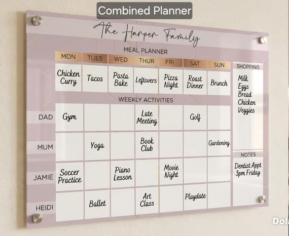 Wipeable Perspex Family Meal Planner: Reusable Activity Organizer