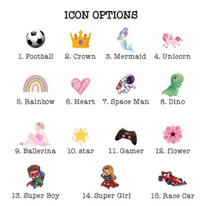 Puede incluir: Una imagen titulada "ICON OPTIONS" muestra 15 iconos de dibujos animados coloridos. Estos incluyen un bal&oacute;n de f&uacute;tbol, una corona, una sirena, un unicornio, un arco&iacute;ris, un coraz&oacute;n, un astronauta, un dinosaurio, una bailarina, una estrella, un mando de juegos, una flor, un superh&eacute;roe y un coche de carreras.