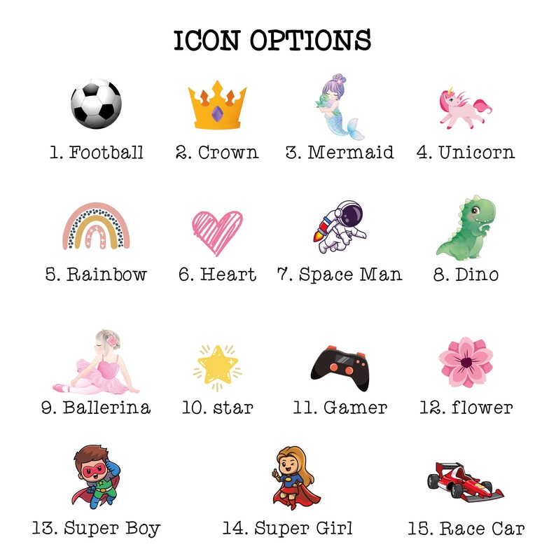 Puede incluir: Una imagen titulada "ICON OPTIONS" muestra 15 iconos de dibujos animados coloridos. Estos incluyen un bal&oacute;n de f&uacute;tbol, una corona, una sirena, un unicornio, un arco&iacute;ris, un coraz&oacute;n, un astronauta, un dinosaurio, una bailarina, una estrella, un mando de juegos, una flor, un superh&eacute;roe y un coche de carreras.