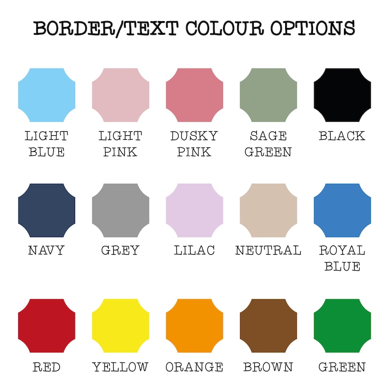 Puede incluir: Una tabla de colores con el texto "BORDER/TEXT COLOUR OPTIONS" en la parte superior. La tabla muestra 15 opciones de color, cada una con una forma &uacute;nica, con nombres de color debajo. Los colores incluyen azul claro, rosa claro, rosa oscuro, verde salvia, negro, azul marino, gris, lila, neutro, azul real, rojo, amarillo, naranja, marr&oacute;n y verde.