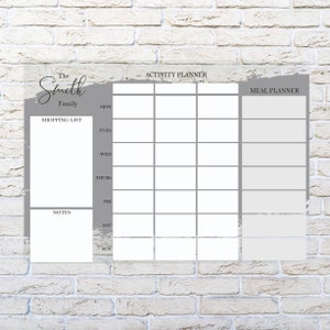 Personalised Wipeable Perspex Family Meal Organiser - Activity Planner - Noticeboard - Dinner Menu - Weekly Planner - Grey Splash Design