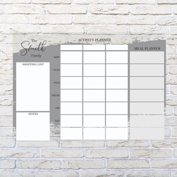 Personalised Wipeable Perspex Family Meal Organiser - Activity Planner - Noticeboard - Dinner Menu - Weekly Planner - Grey Splash Design