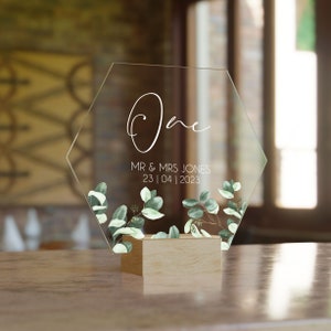 Personalised Printed Hexagon Perspex Wedding Table Numbers - Eucalyptus Design