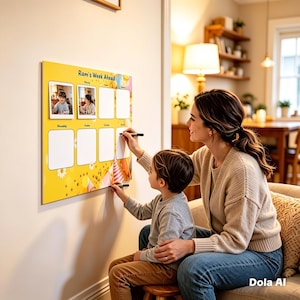 May include: A yellow weekly planner with the text "Ram's Week Ahead" and photo frames. A woman and child are writing on the planner with black markers. The planner is mounted on a white wall.
