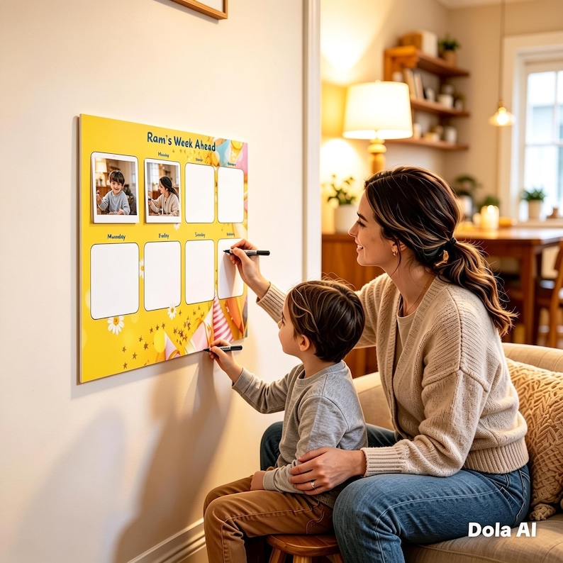 May include: A yellow weekly planner with the text "Ram's Week Ahead" and photo frames. A woman and child are writing on the planner with black markers. The planner is mounted on a white wall.
