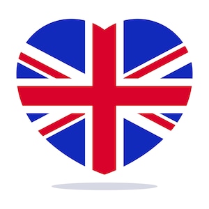 May include: A heart-shaped graphic featuring the Union Jack flag design. The emblem displays the traditional red, white, and blue color scheme with the characteristic cross and diagonal stripes of the United Kingdom flag centered within a heart shape.