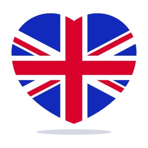 Puede incluir: Un gr&aacute;fico en forma de coraz&oacute;n que representa la Union Jack, la bandera del Reino Unido. El dise&ntilde;o incorpora la cruz roja y blanca de San Jorge, la cruz de San Patricio y la cruz de San Andr&eacute;s sobre un fondo azul.