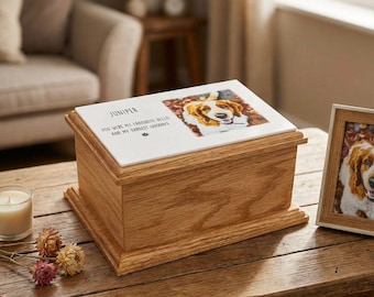 Personalised Solid Oak Pet Memorial Box: Keepsake Ashes Memory Box with Photo