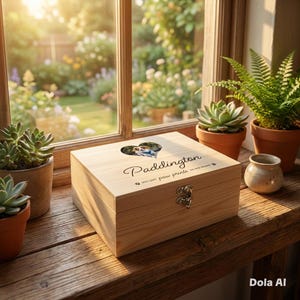 May include: A light wooden box with a heart-shaped photo on the lid, engraved with the name "Paddington" and the phrase "You left paw prints on our hearts." The box is secured with a metal clasp. The box is sitting on a wooden surface.