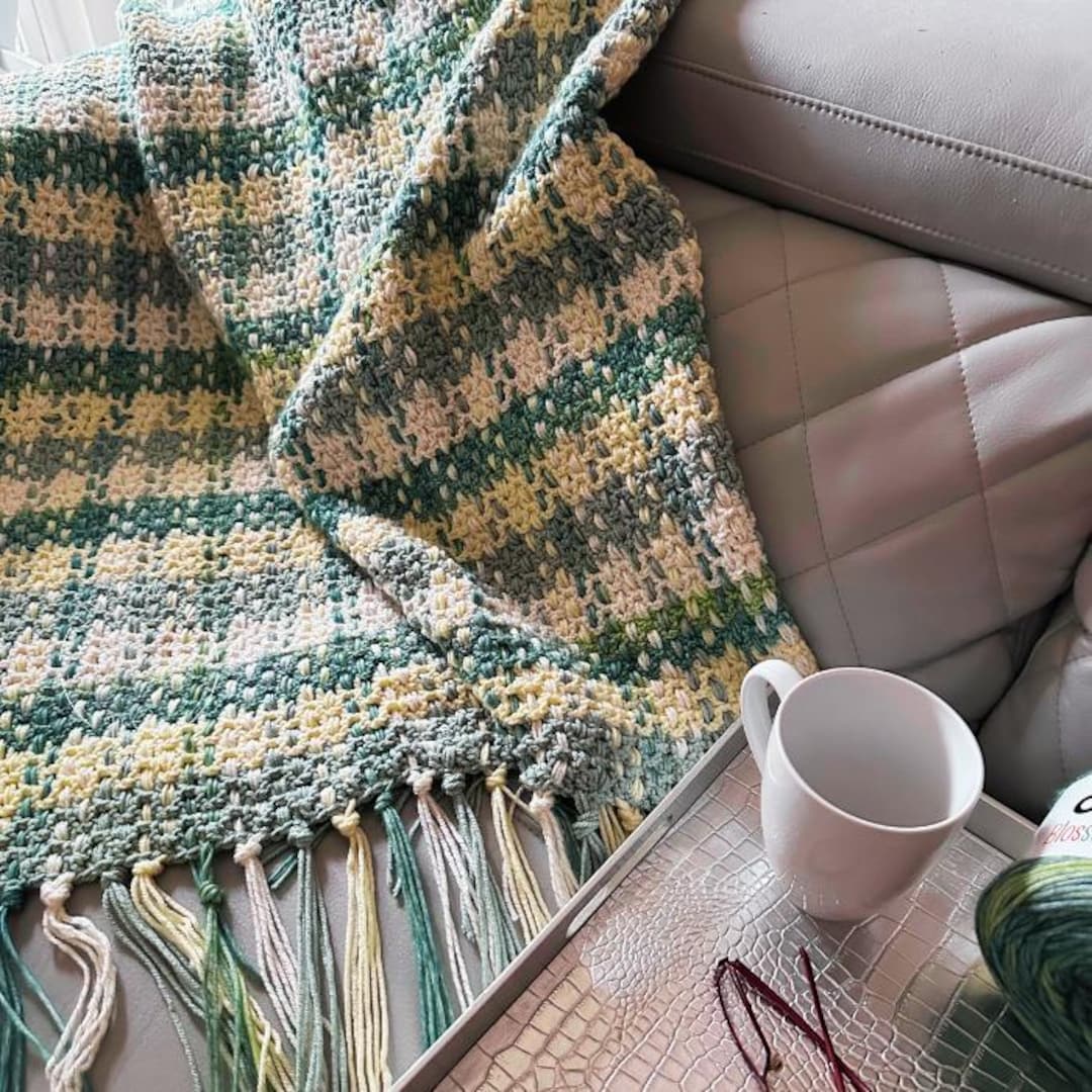 Plaid Crochet Blanket Pattern Beginner PDF Crochet Colorful Easy Blanket With Fringe How to Crochet Modern Tartan Afghan Easy Throw Pattern