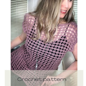 Modern crochet tunic top, easy crochet tunic pattern, sleeveless crochet top, crochet mesh tee, truboo yarn pattern, summer crochet image 7