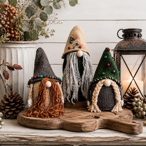 May include: Three handcrafted crochet gnomes featuring pointed hats in dark gray, tan, and forest green. The gnomes have wooden bead noses and yarn beards or braids in rust, gray, and cream colors, with small decorative beads on their hats.
