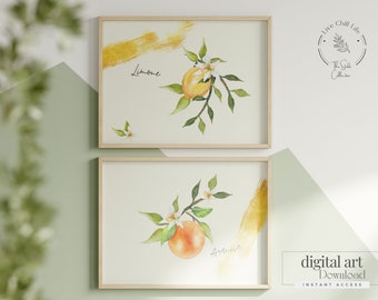 Kitchen lemon wall art | Tuscan style citrus watercolor kitchen art | Lemon art print| orange art print set | watercolor citrus art print