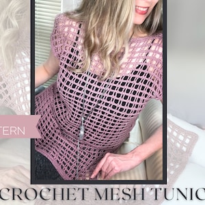 Modern crochet tunic top, easy crochet tunic pattern, sleeveless crochet top, crochet mesh tee, truboo yarn pattern, summer crochet image 1