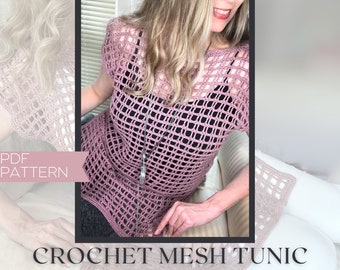 Modern crochet tunic top, easy crochet tunic pattern,  sleeveless crochet top, crochet mesh tee, truboo yarn pattern, summer crochet