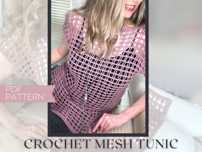 Modern crochet tunic top, easy crochet tunic pattern, sleeveless crochet top, crochet mesh tee, truboo yarn pattern, summer crochet image 1