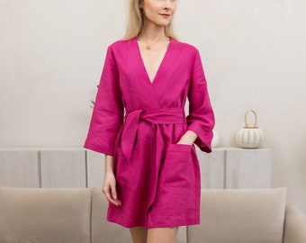 Soft Linen Robe in Various Colors. Short Linen Kimono Bath Robe. Dressing Gown.