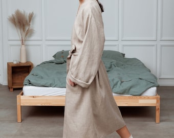 Extremely Soft Bathrobe, Natural Undyed Linen Robe With Pockets, Oversized Linen Bath Robe