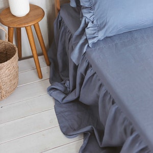 Bed Skirt with Ruffles. Farmhouse Bed Skirt with Ruffles. Softened Stonewashed Shabby Chick Linen Bedding.
